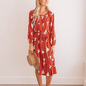 Floral print Tie A-Line Embroidered Midi Dress in Rust color fall color